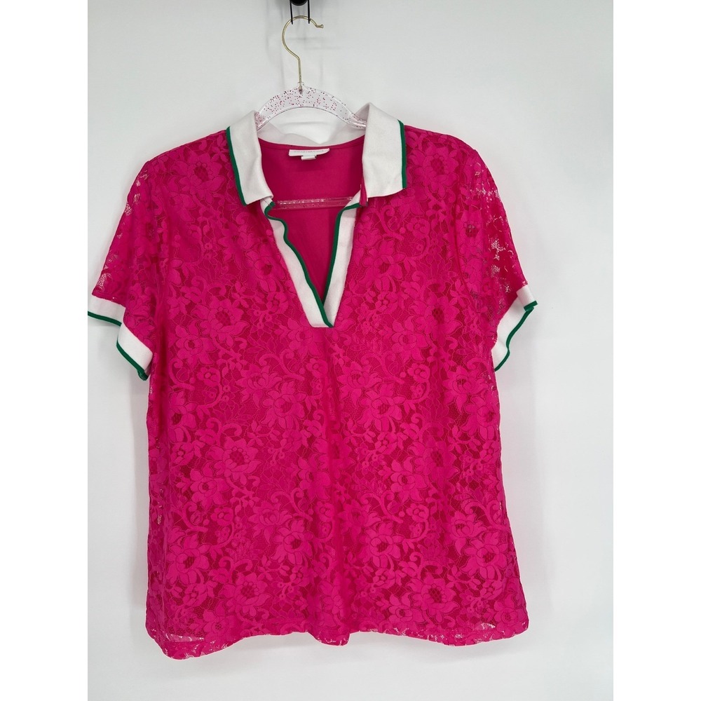 Charter Club Lace Top White Collar Green Trim Hot Pink Blouse XL- Pretty!